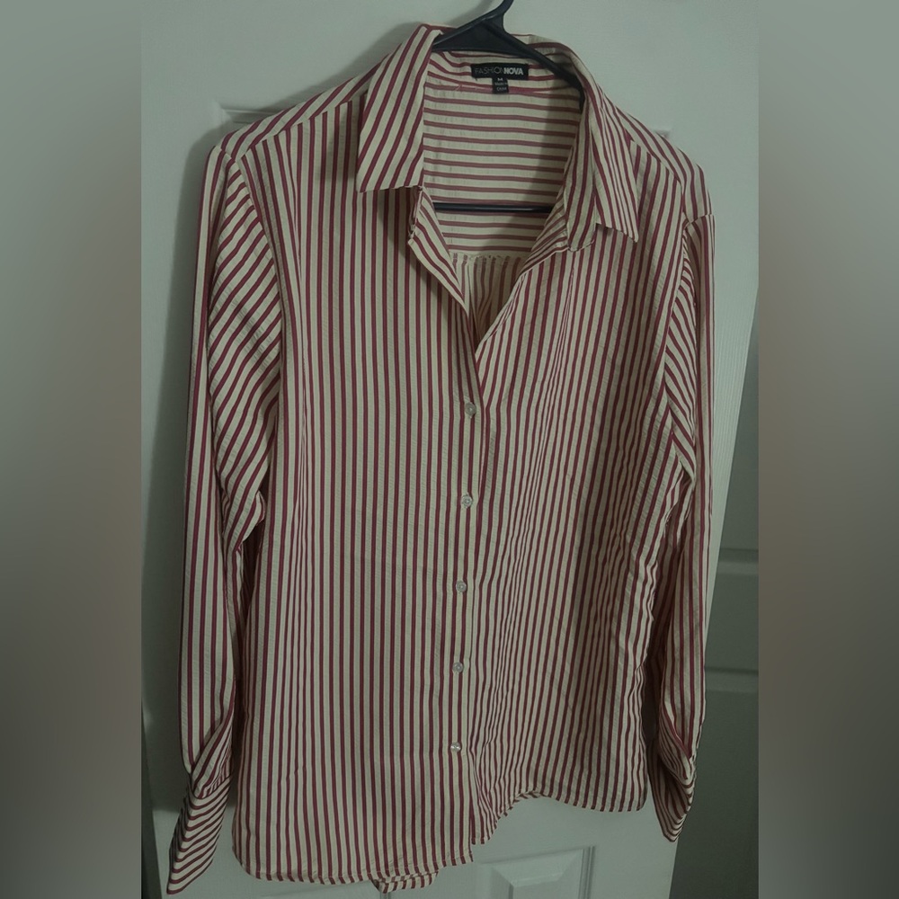 Fashion Nova Red and White Striped Button Down Shirt